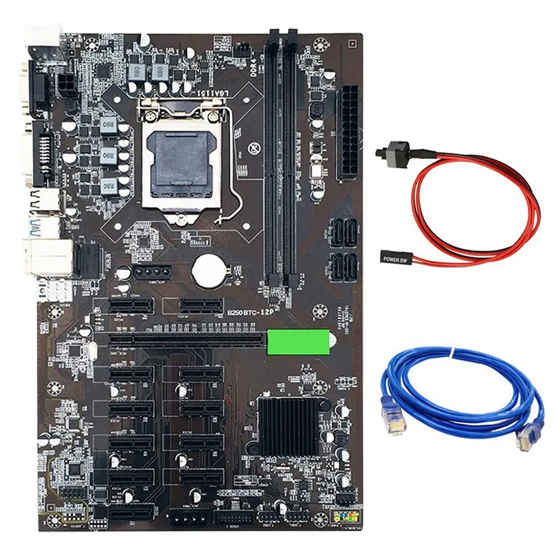 B250C BTC Mining Motherboard with RJ45 Network Cable+Switch Cable LGA1151 12XGraphics Card Slot USB3.0 Support DDR4 RAM