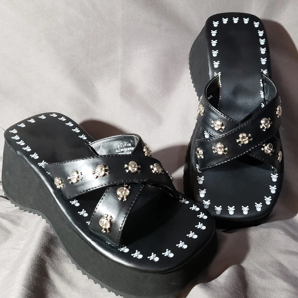 Sorphio Summer 2023 Double Strap Buckles  Platform Wedges Fashion Goth Slippers Hot Women's Metal Sandal For Comfy  Black Shoes