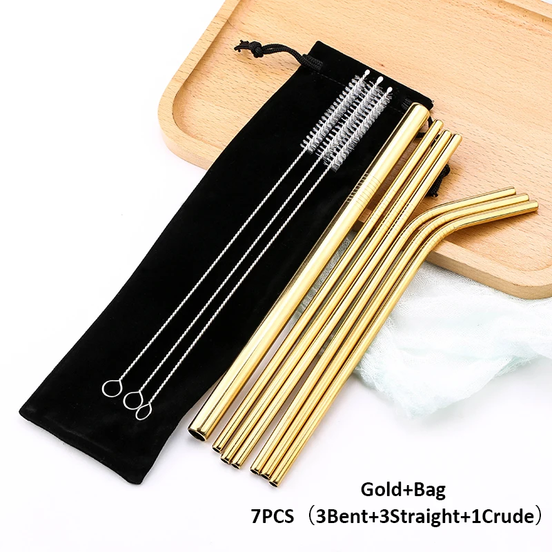 18 Gold Bag Многоразовые металлические трубочки для питья 304 нержавеющая сталь прочная изогнутая прямая соломинка для напитков с чистящей щеткой вечерние аксессуары - Цвет: 18 Gold Bag