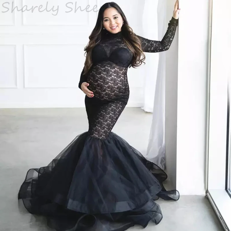 Maternity Photo Shoot Long Sleeve Lace Dress Clothes Pregnant Women Photography Mermaid Dresses Pregnancy Black Gown Baby Shower