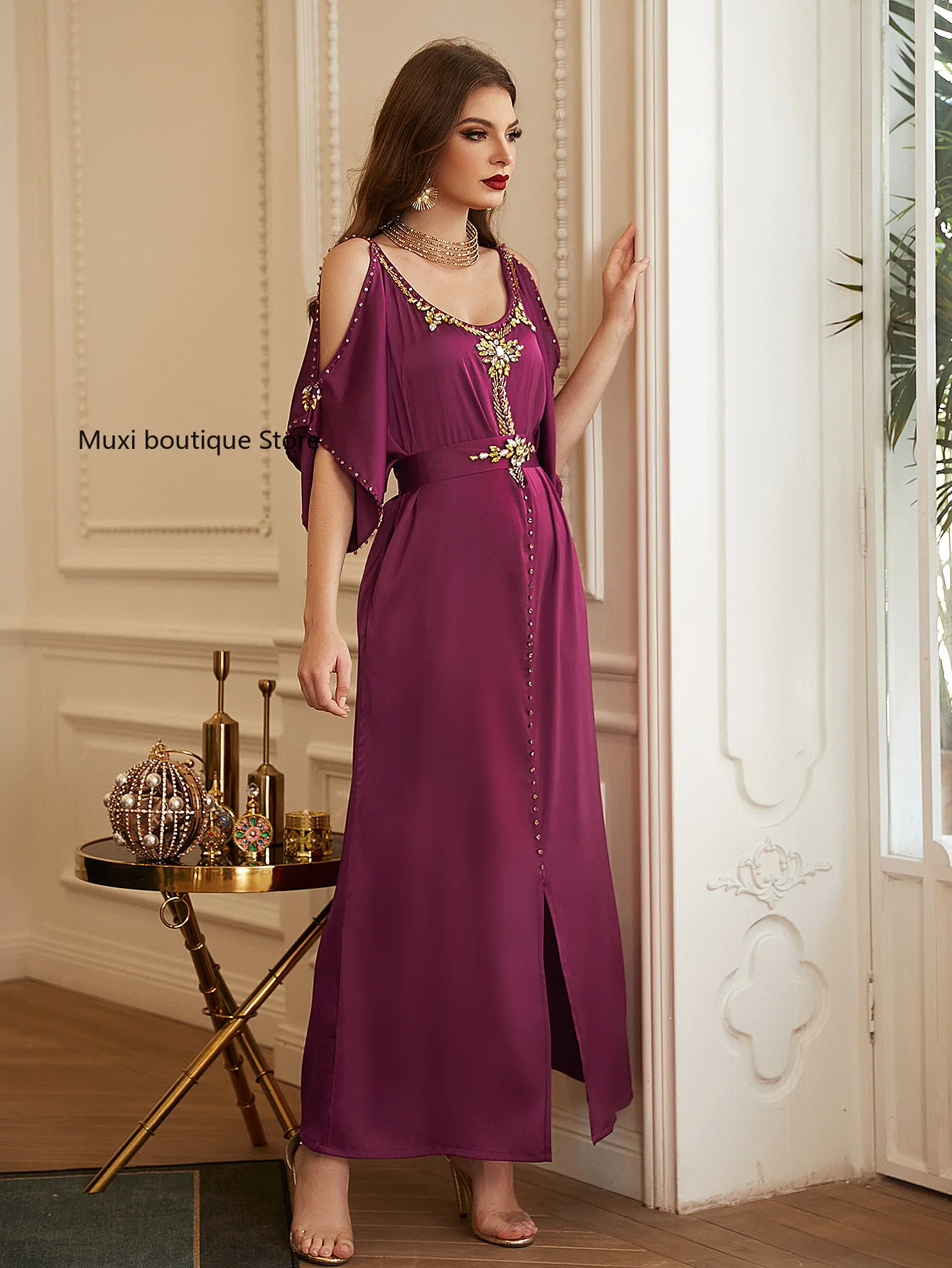 

Muxi Muslim women Rose abaya Shoulder-less Heavy Industry Hand Sewing satin abayas for women Middle East Party Dress Dubai abaya