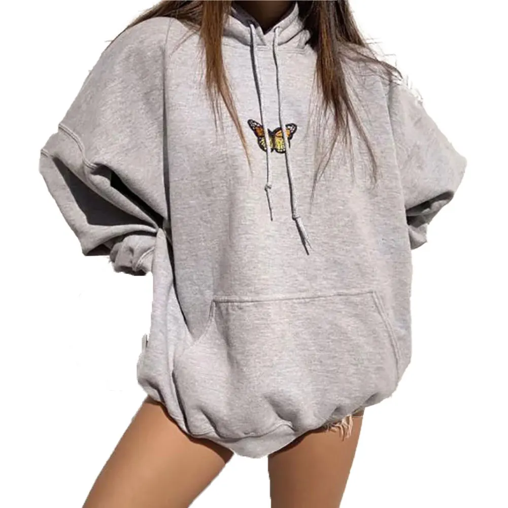 

Ladies Fashion Long Sleeve Butterfly Print Hoodie Ladies Loose Top Casual Comfortable New Grey