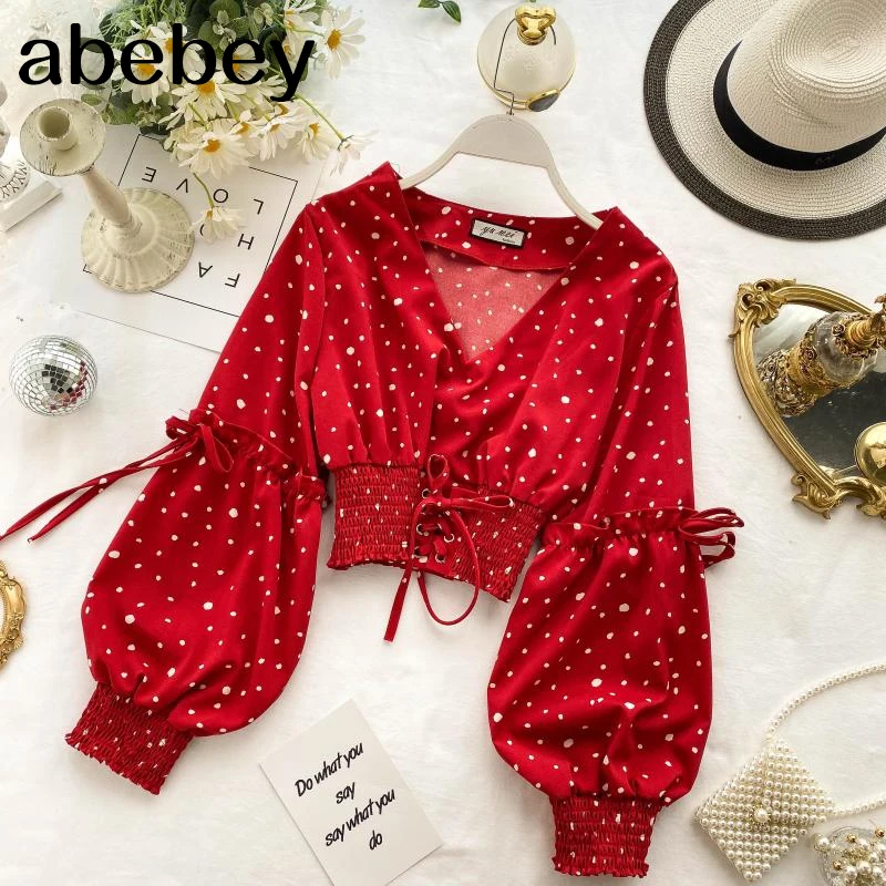 Polka Dot Short Women Blouses and Tops Sexy V Neck Bandage Chic 2020 Puff Sleeve Shirts Spring Korean Blusas 13627 | Женская одежда