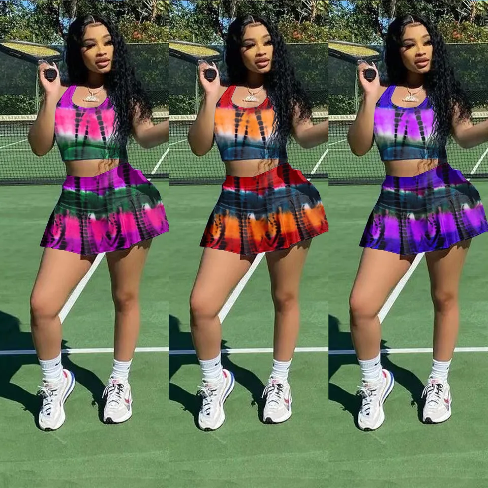 

Casual Women Print Tie Dye Two Piece Crop Top + Dress Streetwear Tracksuit Women Matching Sets Outfit