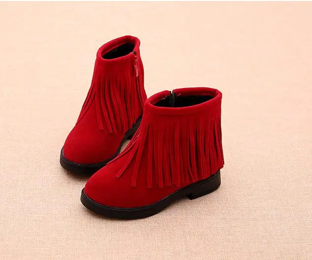 red thick plush Новые Осенние Теплые школьные ботинки с бахромой для больших детей кожаные ботинки для девочек зимняя водонепроницаемая детская зимняя обувь для детей 4, 5, 6, 7, 8, 9, 10, 11, 12 лет - Цвет: red thick plush