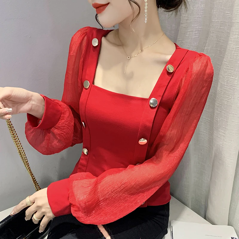 

2022 Spring Autumn Square Collar Double-breasted Button Stitching Lantern Long-sleeved Shirt Cotton T-shirt Tees Women Clothing