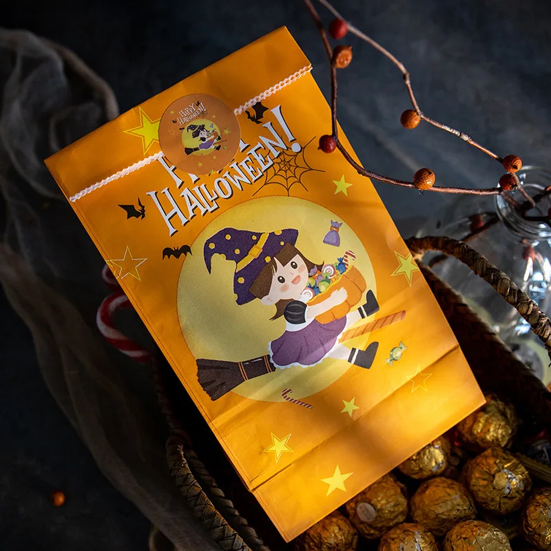 

12pcs Halloween Candy Bags New Pumpkins Ghost Witches Print Paper Bag Halloween Theme Party Favors Gift Bags with Stickers
