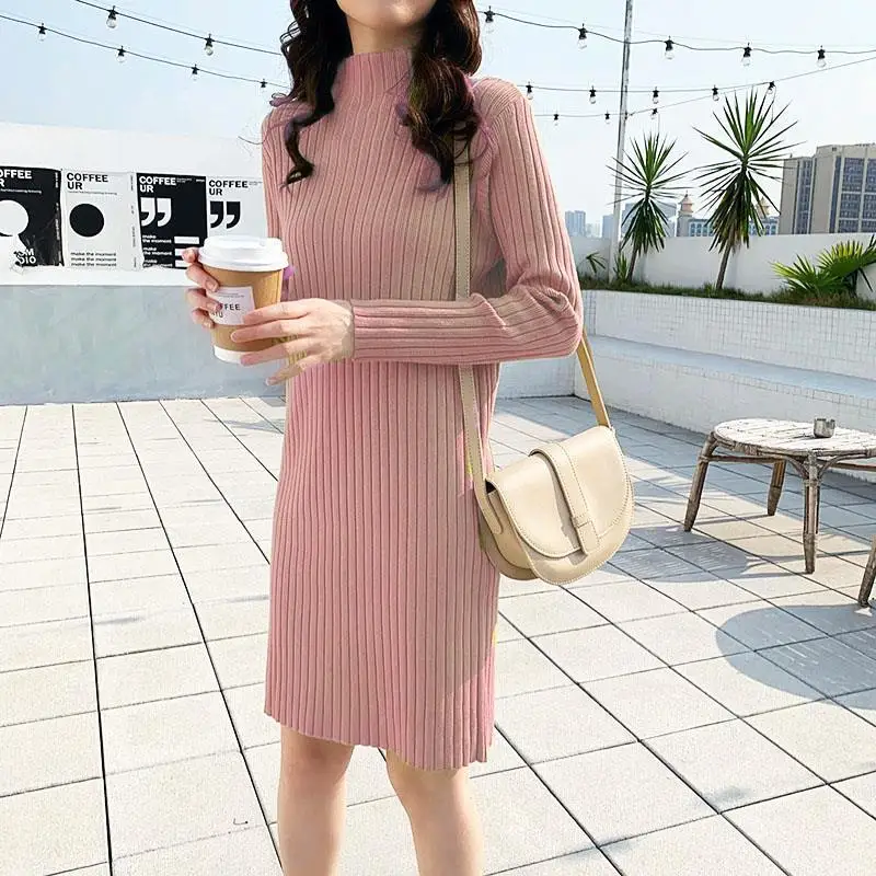

Autumn Winter Knitting Dress for Women Spring Autumn High Collar Mid-Length Woolen Skirt Dresses for Women Vestido De Mujer