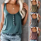 Летняя женская модная однотонная майка с круглым вырезом на пуговицах, свободная блузка, топ размера плюс, Свободный Топ, женская одежда