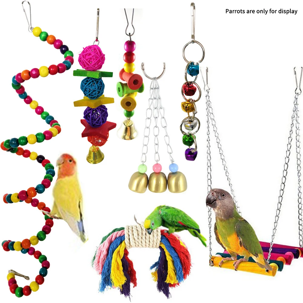 7Pcs/set Bird Training Pet Chew Bite Swing Hanging Ball Wooden Cage Interior Hammock Standing Colorful Parrot Toy Bell | Дом и сад