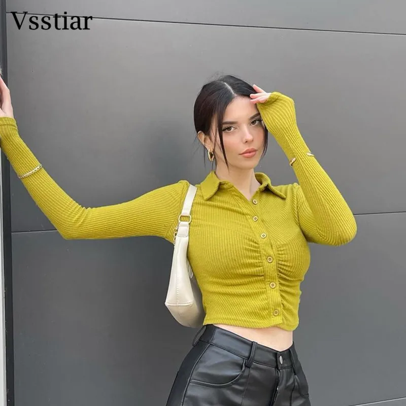 

Vsstiar Turn-down Collar Ruched T Shirts Autumn Winter Long Sleeve Casual Sheath Crop Top Streetwear Button Up Women Tees