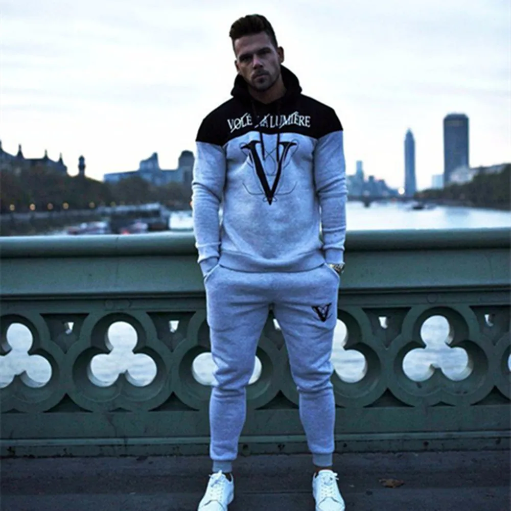 Autumn winter men's fitness hooded tracksuits Loose running training casual hooded coats+fashion pure color pants Jogger suits