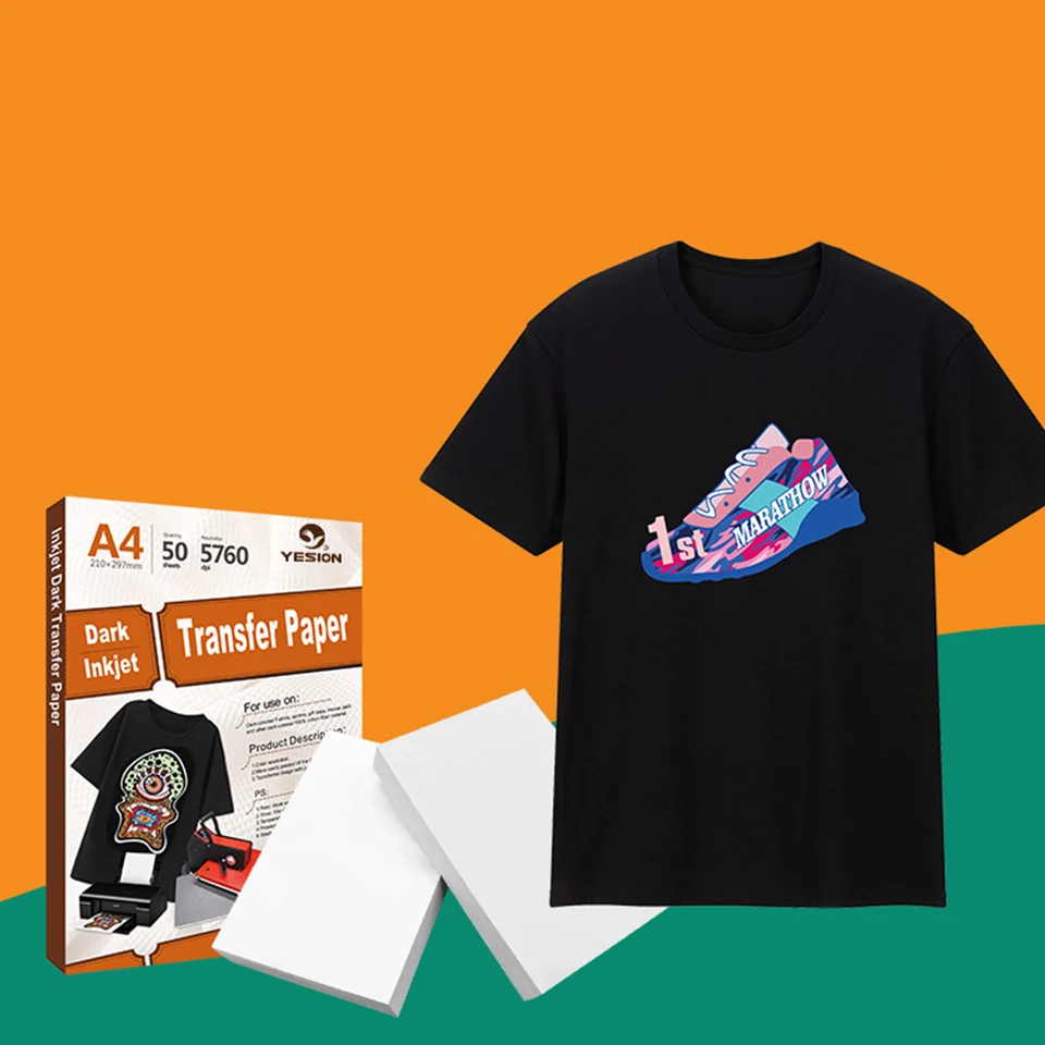 

50 Sheets Iron-On Heat Transfer Paper for Dark Fabric A4 Size T-Shirt Transfer Paper for Inkjet Printer Wash Durable YX-14