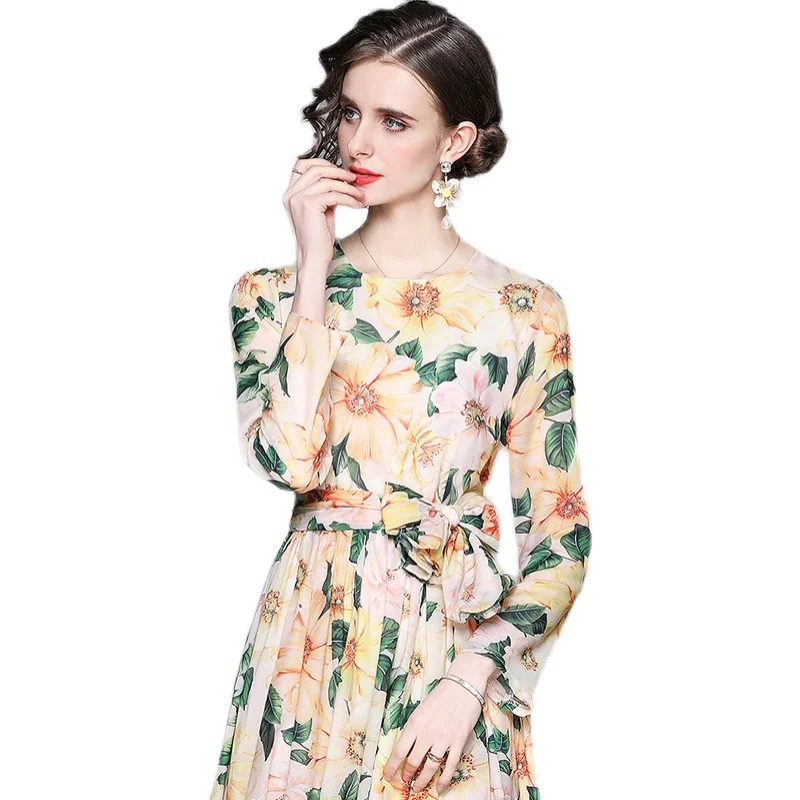 

womens Floral holiday maxi fashion dress Designer 2021 runway spring autumn long sleeve slim party Swing beach dresses for woman