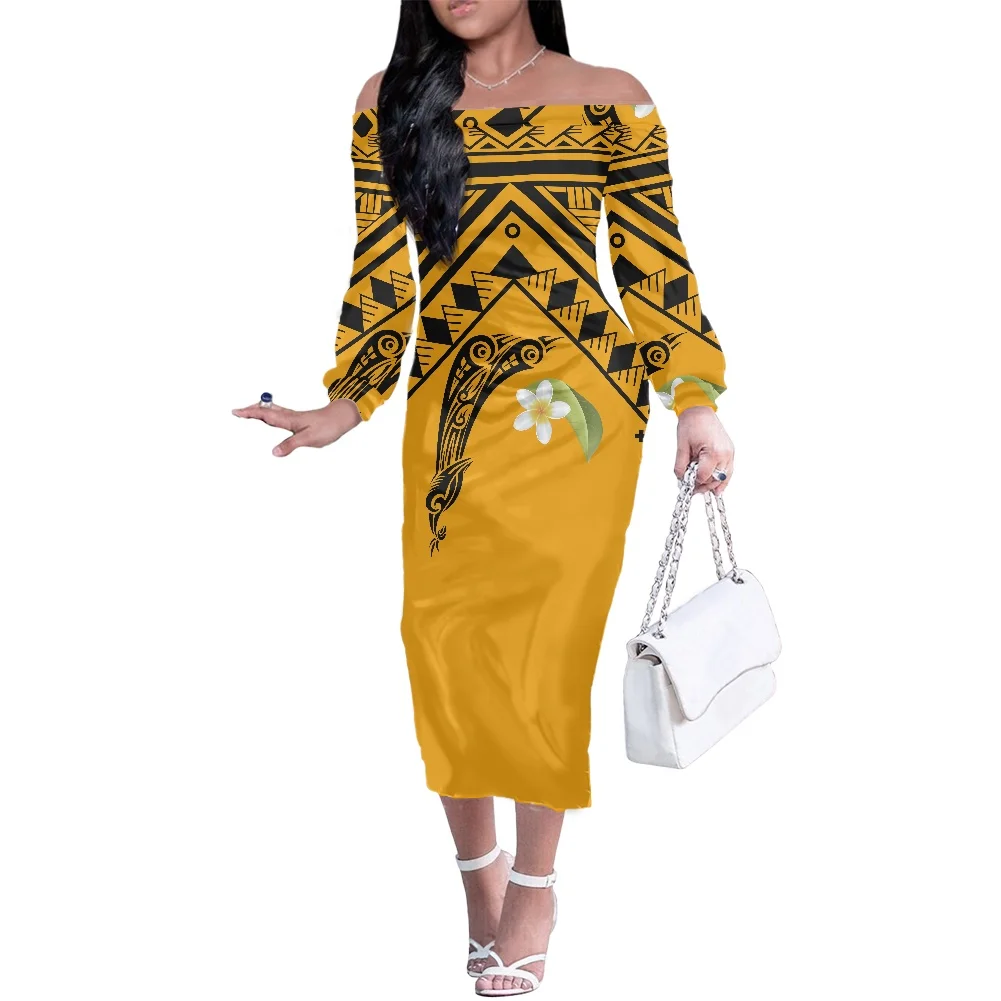 

Autumn Casual Polynesian Tribal Floral Tattoo Print Off Shoulder Elegant Bodycon Long Sleeve Stretchy Pencil Business Dress