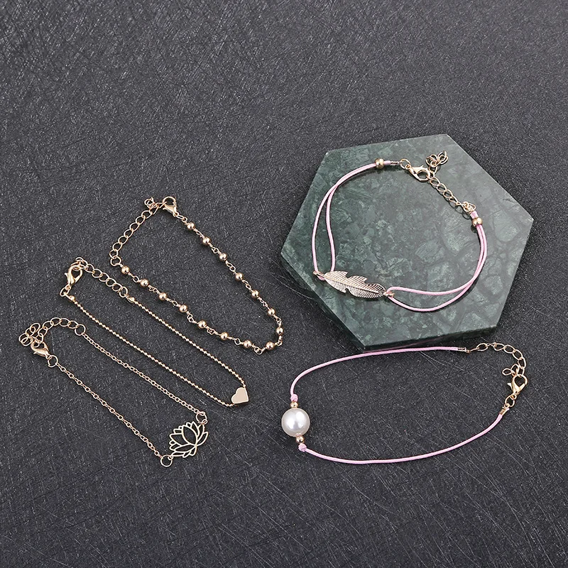 

5 pcs/set Bohemian Charm Bracelet Set For Women Braided Bracelet Pearl Lotus Love Leaf Pink Rope Beads Chain Bangle Boho Jewelry
