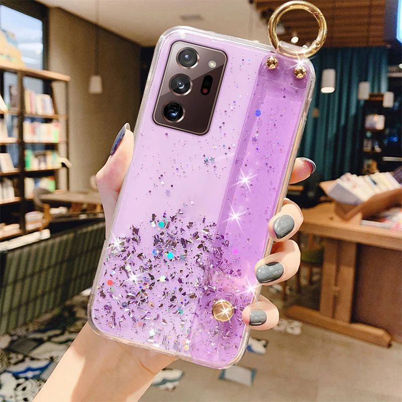 

Luxury Bling Glitter Wristband Silicone Phone Case For Samsung Galaxy S21 S20 FE S10 Note 20 10 9 Plus Ultra-thin Lanyard Cover
