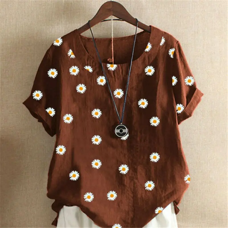 

T Shirt Tunic 8-24 Cotton Linen Floral Tops Womens Loose Blouse Ladies Summer