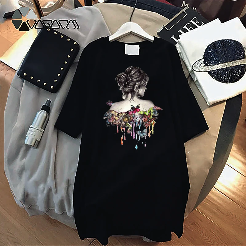 

Summer Dress Butterfly Girl Print Mini Women Loose T-Shirt Dresses Korean Short Sleeve Streetwear Casual Pullover