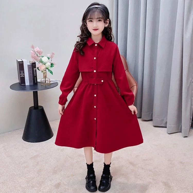 

2021 New Spring Autumn Girls Casual Pure Color Waist Beautiful Princess Dress