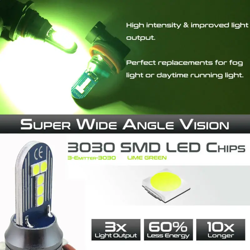 

2pcs Super Bright Lime Green LED Bulbs 12V DC H11 H8 Car Truck Fog Lights Fog Lamp LED Replacement Bulbs