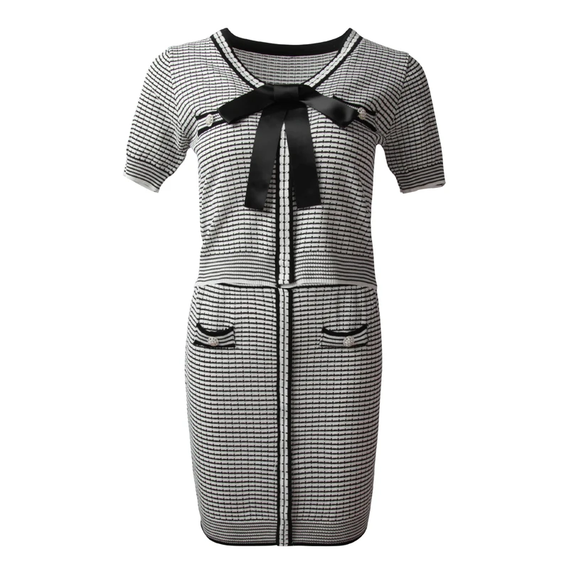 

Harajpoo Women Suit 2021 New Bow Tie Lace Short Plaid V Neck Half Sleeve Knitted Tops Elastic Waist Thinner Hip Skirt Casual Set