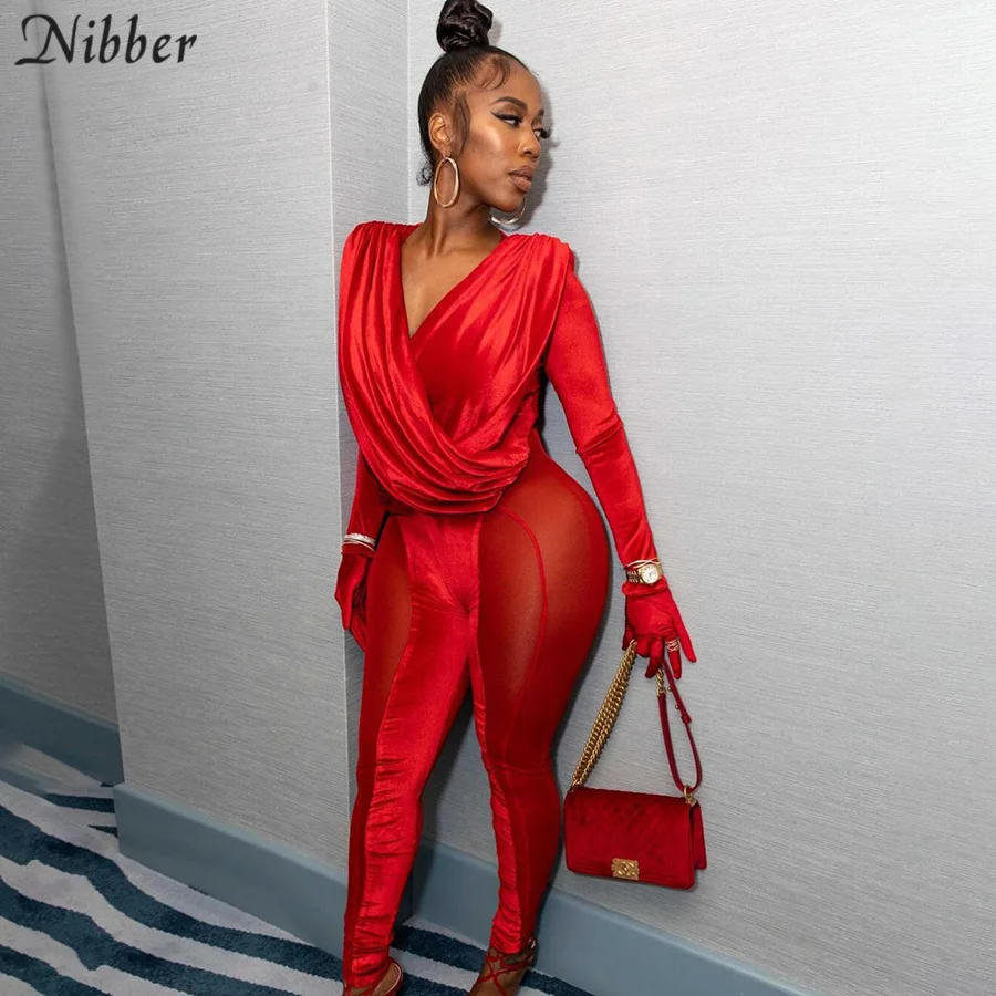 

Nibber New Fall Solid Color Flannel Jumpsuit Long Sleeve V-Neck High Street Sexy Fashion Style For Party Night Clubwear 2021