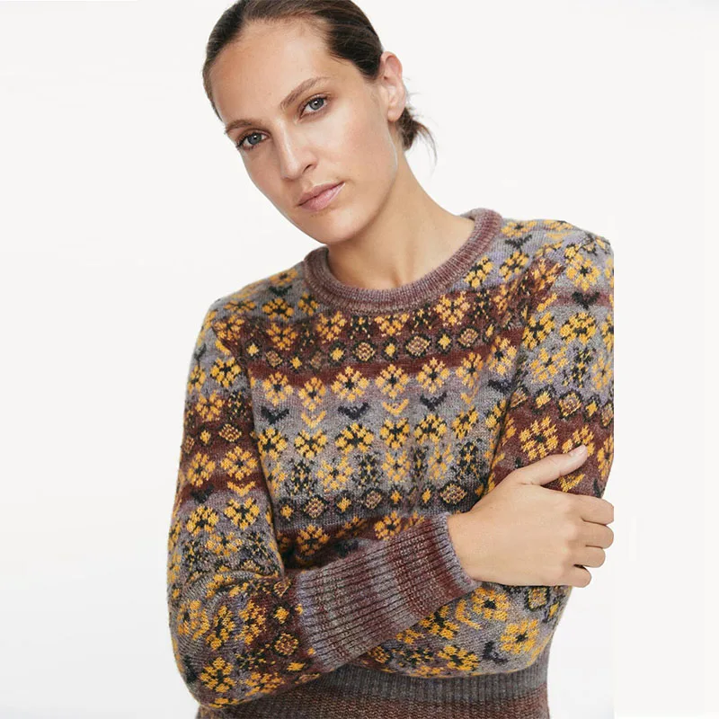 

OLOMM Long Sleeve Sweater Women Winter New Vintage Floral Print Stretch Knitted Tops Simplicity O-Neck All-Match Female Clothes