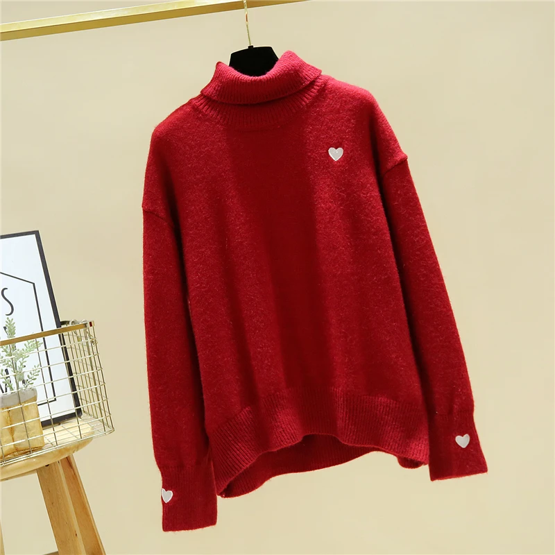 Свитер с вышивкой love воротником-хомутом Осень-зима 2018 плотный вязаный пуловер