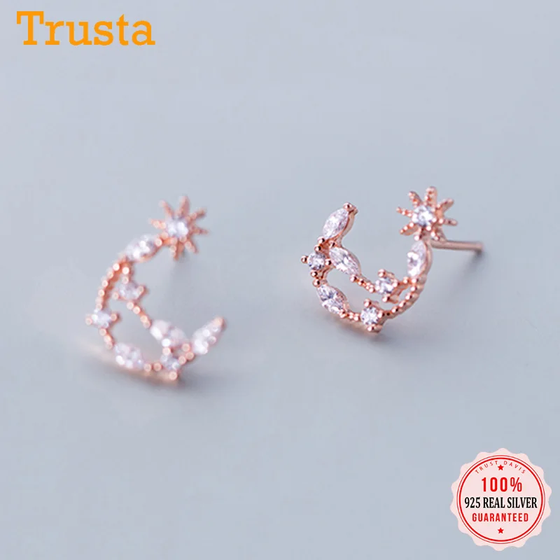 Серьги-гвоздики из серебра 100% пробы с Луной и звездами | Украшения аксессуары