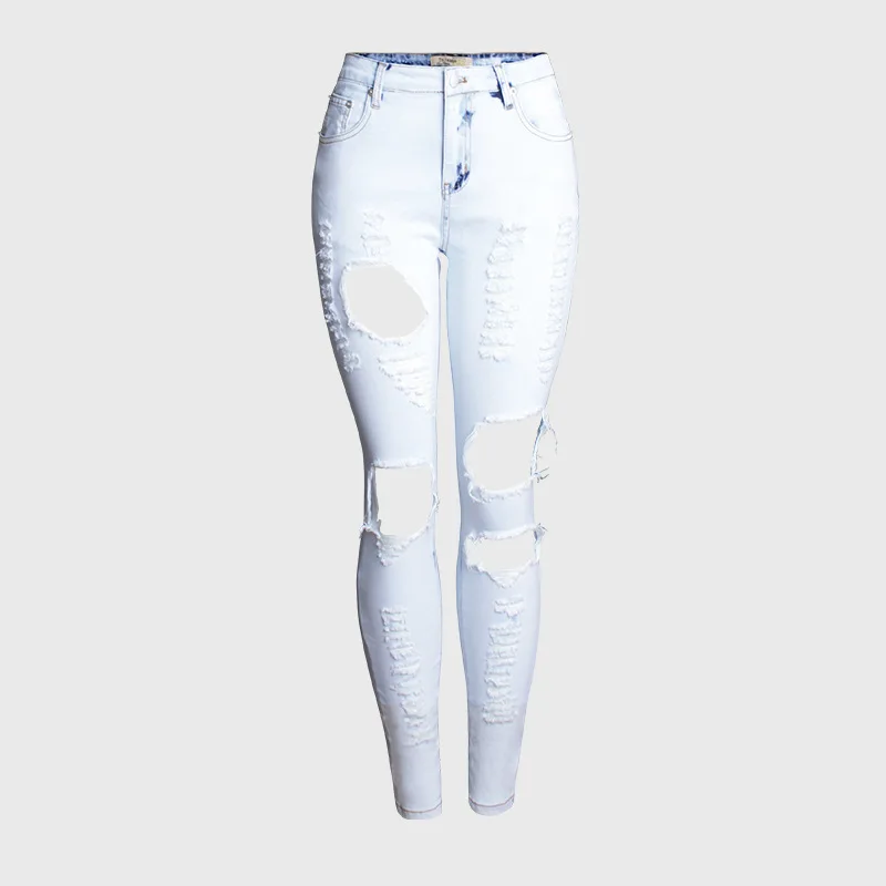 

Express Europe and America mid high waist slim elastic tear personality beggar big hole jeans