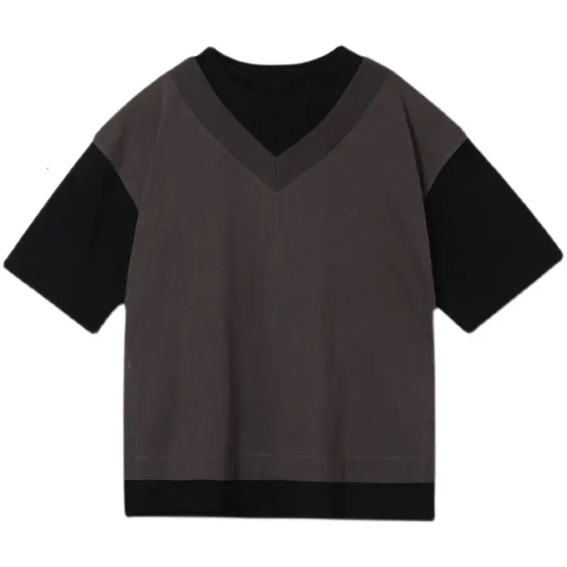 

IEFB Men's Summer Clothing Color Contrast Fake Two Pieces Cool Trend Round Neck Short Sleeve T-shirt Loose Causal Tee Top 9Y7048