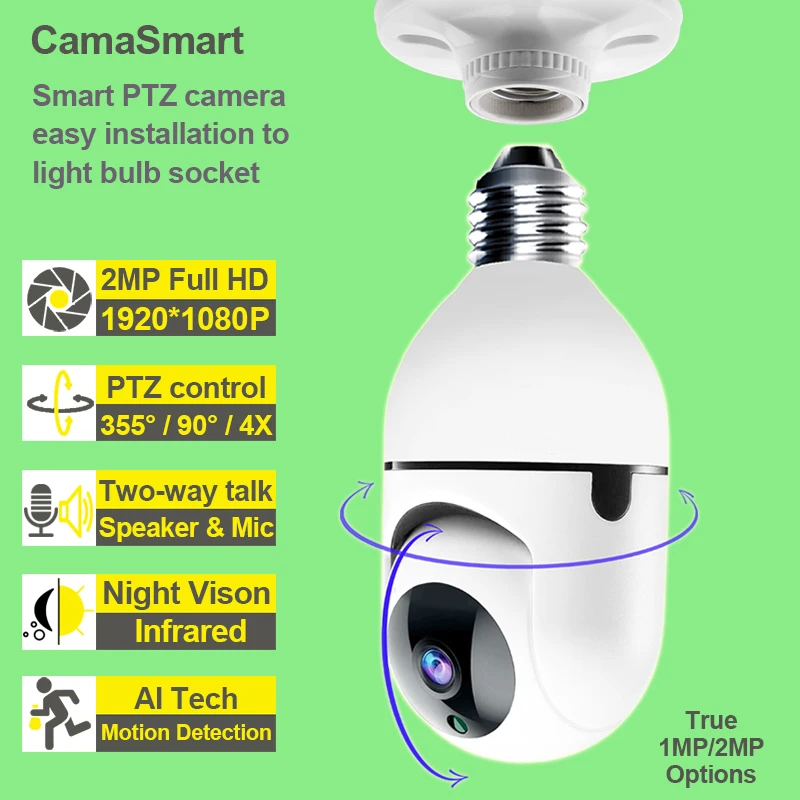 

E27 Bulb Wifi Camera PTZ HD Infrared Night Vision Two Way Talk Baby Monitor Auto Tracking Ycc365plus for Home Security