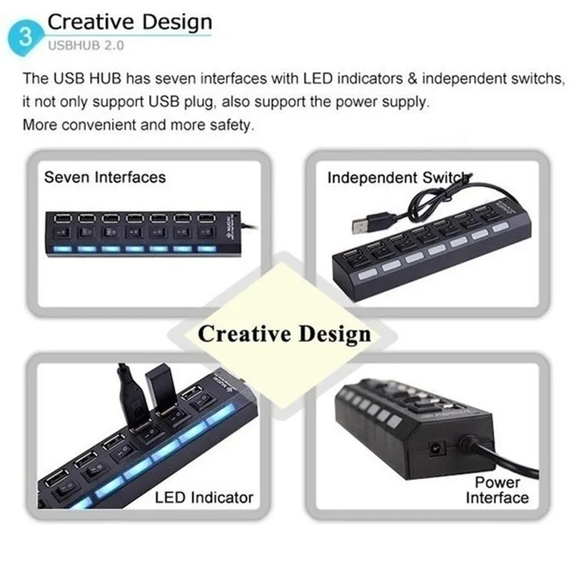 7/4 портов usb-хаб 2 0 со светодиодным переключателем вкл/выкл Разветвитель Usb
