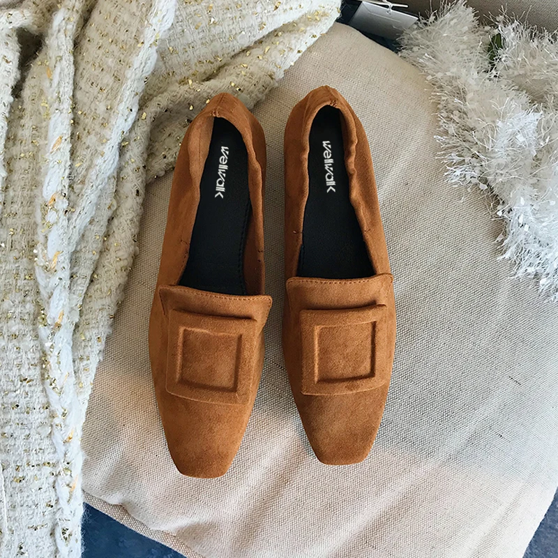 Женские лоферы обувь на плоской подошве зимняя без застежки с большой квадратной