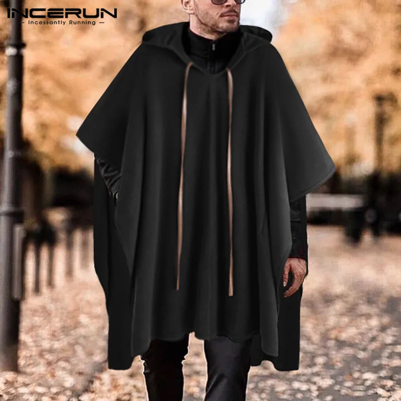 

INCERUN Fashion Men Cloak Coats Hooded Solid Color Cape 2022 Streetwear Poncho V Neck Loose Coat Irregular Men Long Trench S-5XL