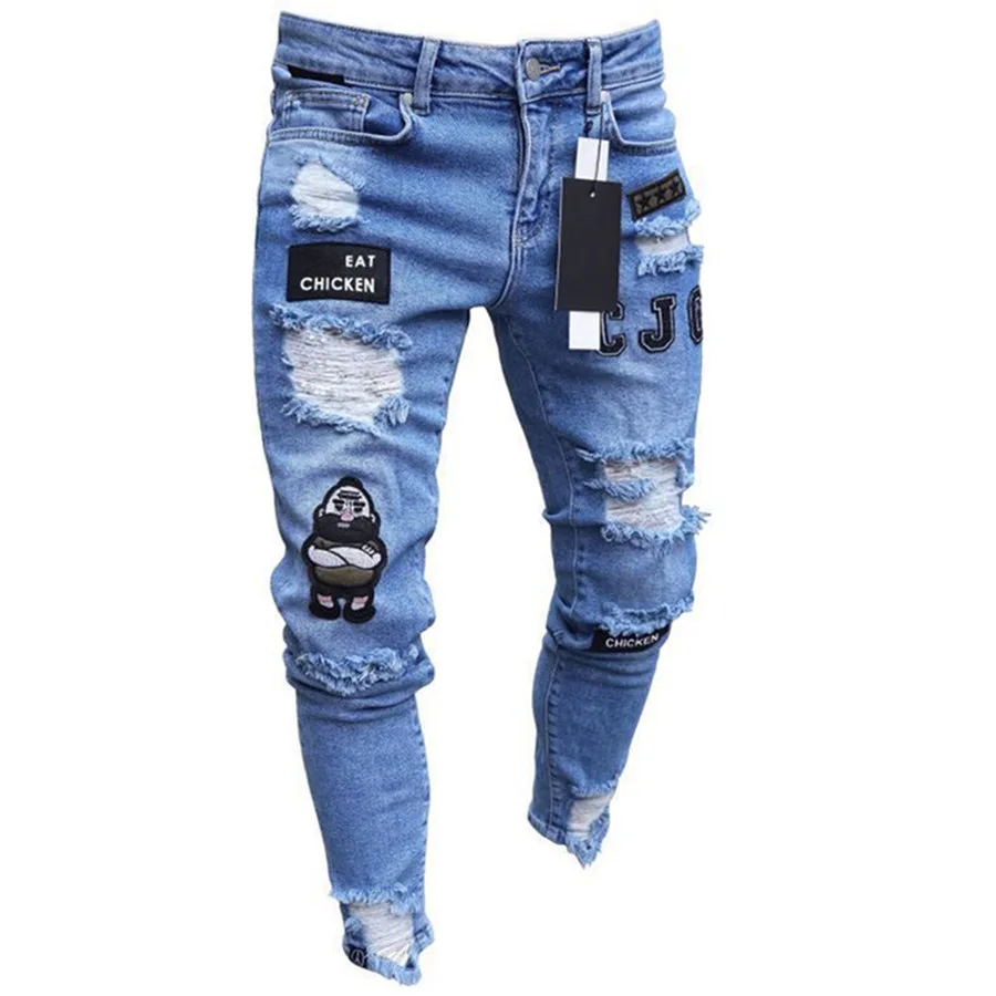 

New Men's Broken Hole Embroidered Pencil jeans Slim Men Trousers Casual Thin Denim Pants Classic Cowboys Young Man Jogging Pants