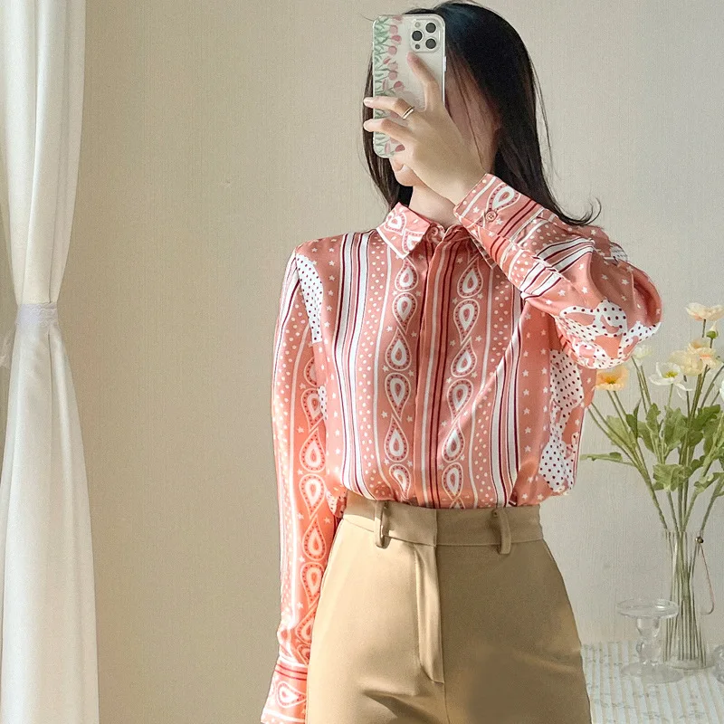 

New High end retro printed silk long sleeve wide pine mulberry silk shirt foreign style shirt top