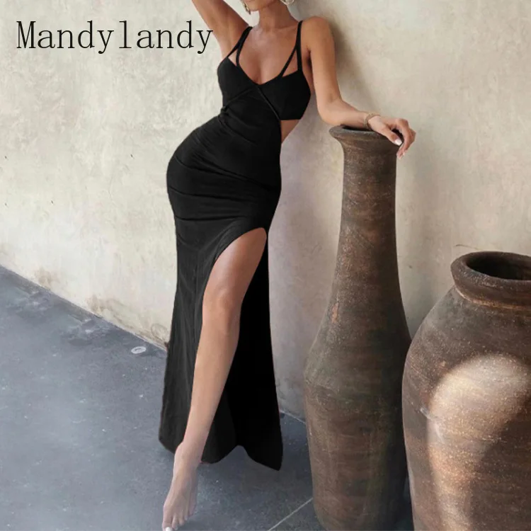 

Летнее модное платье Mandylandy с V-образным вырезом и открытой спиной, облегающее платье с высокой талией, женское сексуальное однотонное плать...
