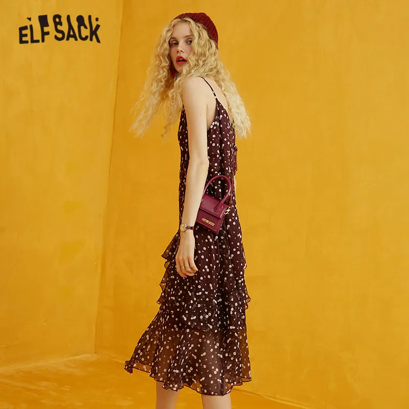 ELFSACK три цвета Цветочная линия бохо женское платье осень 2019 без рукавов свободное
