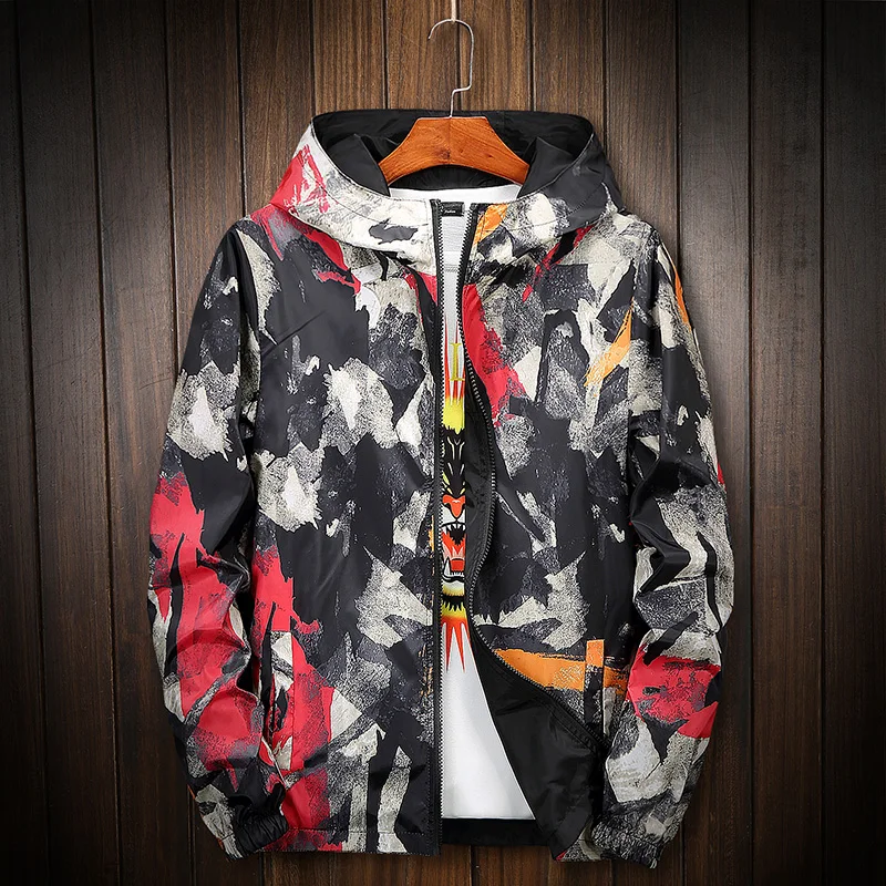 

Jacket men fashion double sides wearable colorful painted hip hop streetwear plus size hooded jackets coat casacas para hombre