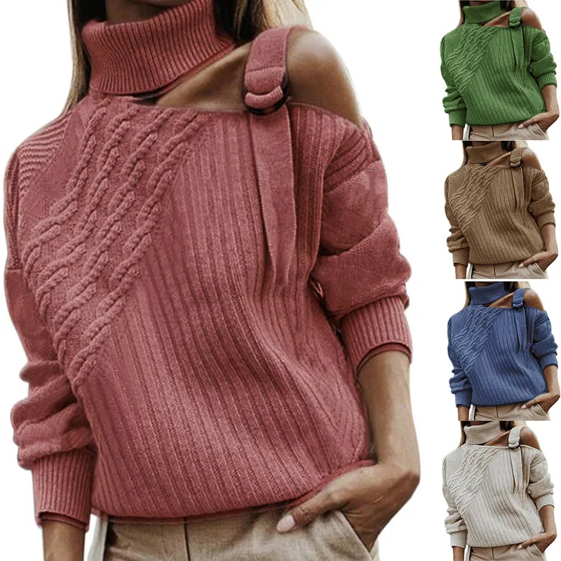 2020 New Autumn Winter Sexy One shoulder Turtleneck Sweaters Casual Long Sleeve Lace-up Pullovers women All-Match Knitting Tops | Женская