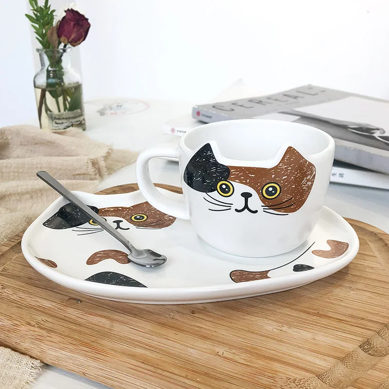 Yellow Cat 3D форма кошки кофейная чашка с блюдцем ложка набор милый котенок блюдо послеобеденный чай чашка капучино кружка Белый Черный Желтый подарок 200 мл - Цвет: Yellow Cat