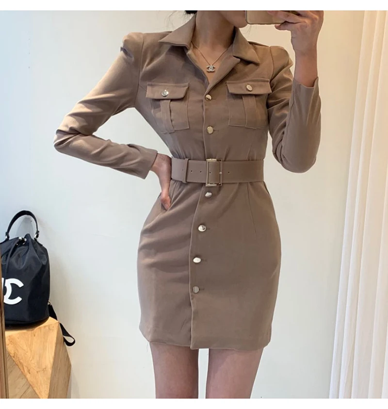 Trytree Autumn Winter Women Casual Dress Turn-down Collar Single Breasted Pockets Belt 5 Colour Slim fit Fashion Mini Dress