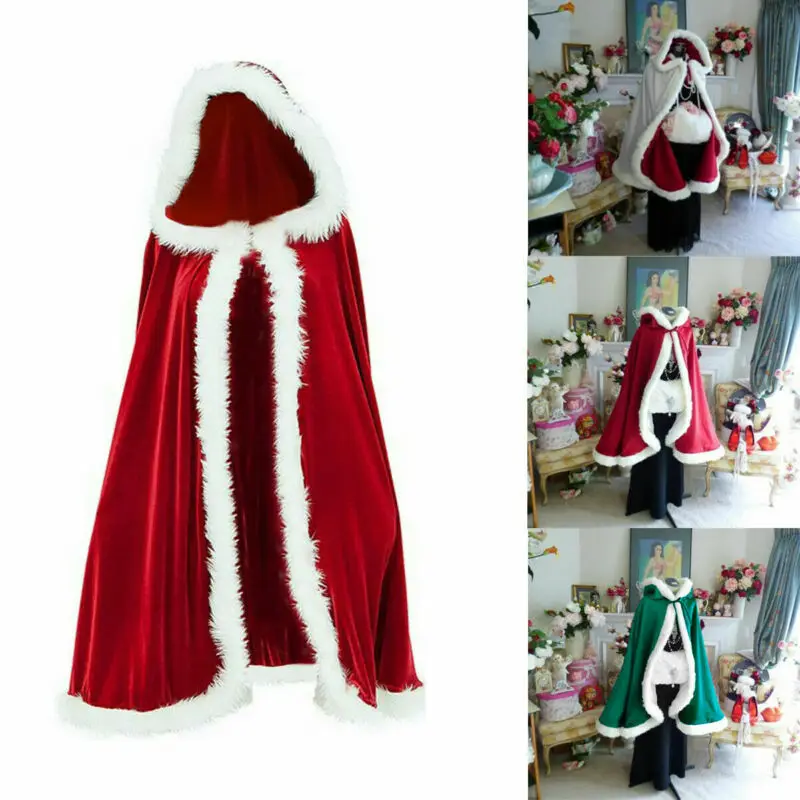 

1.2m Adult Child Red Christmas Santa Claus Velvet Hooded Cape Cloak Cappa with white Fluffy Trim Cosplay Costumes