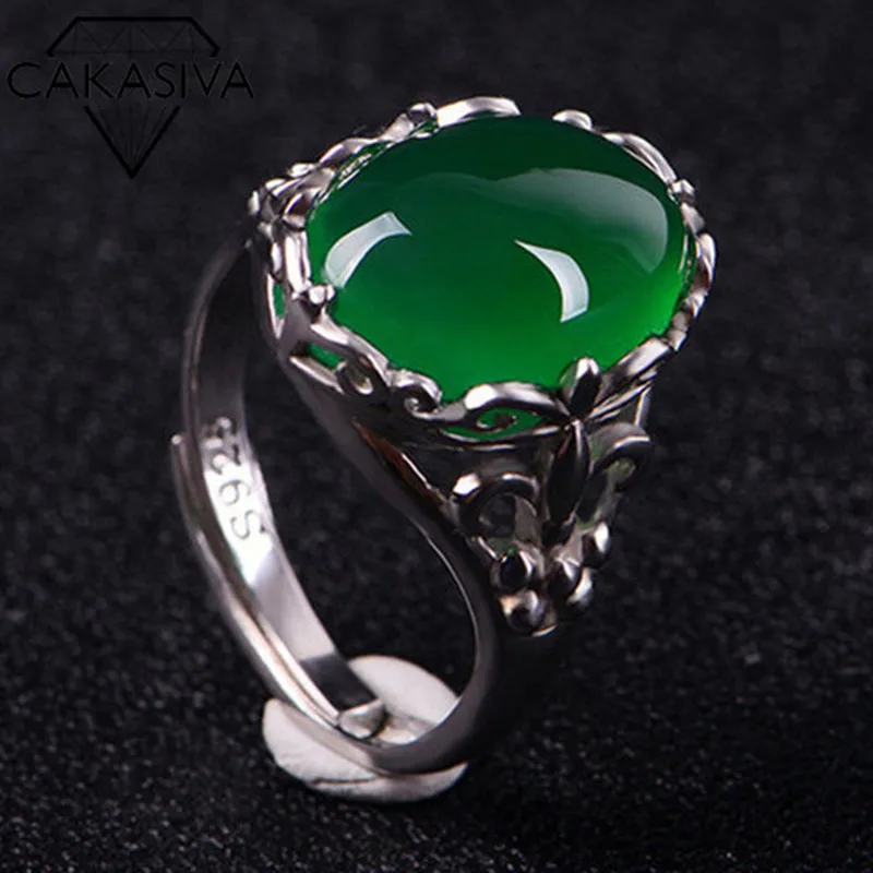 

Women's 925 Vintage Emerald Chalcedony Opening Adjustable Ring Engagement Wedding Gift Jewelry Ring