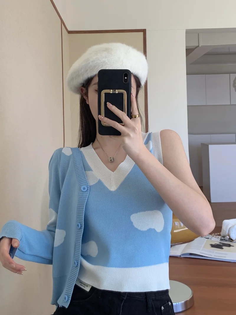 Korejepo Two Piece Set Sweater Women Spring and Antumn 2022 New Contrast Jacquard Short Cardigan Knitted Vest Suits |