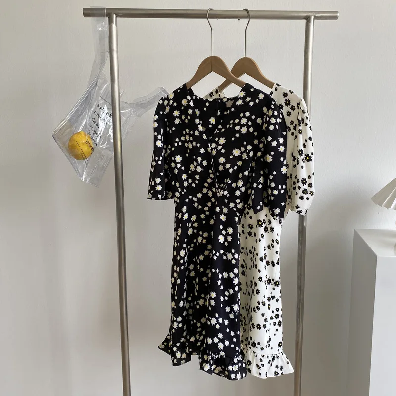 Женская мини-юбка с коротким рукавом до середины икры высокой талией и цветочным