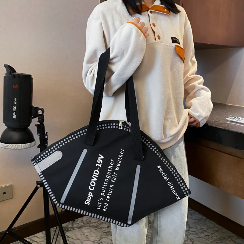 

New Fashion Lady Large Mask Shopping Bag Creative Canvas Shoulder Bag Household Large Capacity Storage Bag Luxury Handbag