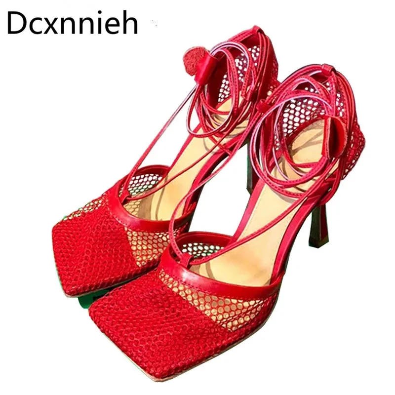

Women Shoes Thin High Heels Mesh Hollow Outs Ankle Lace Up Gladiator Women Pumps Squarer Toe Runway Party Shoes Woman Brand 2021